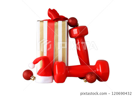 PNG, Sport, new year, red dumbbells isolated on white background. 120690432