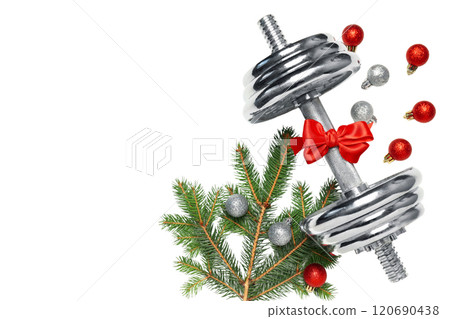 PNG, Sport, new year, silver dumbbell with bow, isolated on white background. PNG, Sport, new year, silver dumbbell with bow, isolated on white background. 120690438