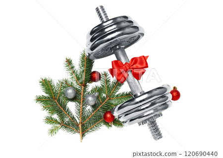 PNG, Sport, new year, silver dumbbell with bow, isolated on white background. PNG, Sport, new year, silver dumbbell with bow, isolated on white background. 120690440