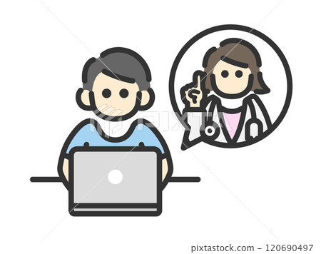 Illustration of a man's icon (line drawing color) seen from the front, receiving online medical treatment on a laptop Illustration of a man's icon (line drawing color) seen from the front, receiving online medical treatment on a laptop 120690497