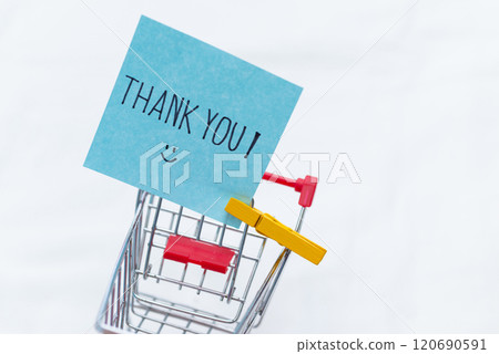 Thank you note in shopping cart retail business environment visual content minimalist style gratitude concept 120690591