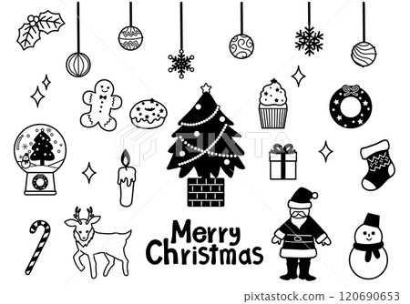 Set of monochrome line drawings of cute Christmas items Set of monochrome line drawings of cute Christmas items 120690653