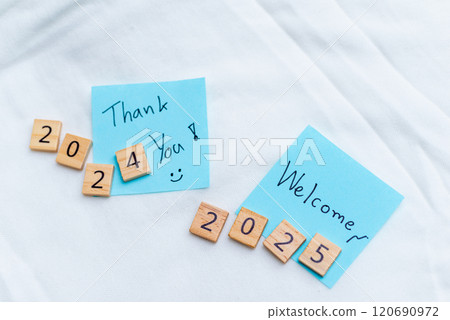 Business reflections thank you 2024 and welcome 2025 motivational message inspirational workspace positive environment creative viewpoint 120690972