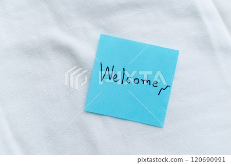Business welcome note home office personal touch minimalistic environment close-up view concept of hospitality Business welcome note home office personal touch minimalistic environment close-up view concept of hospitality 120690991