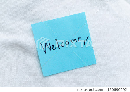 Welcome note signifying business engagement office space visual communication professional environment close-up view brand awareness Welcome note signifying business engagement office space visual communication professional environment close-up view brand awareness 120690992