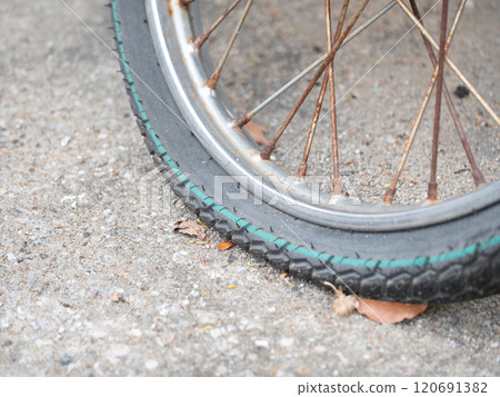 Repairing a flat bicycle tire urban setting action shot street environment close-up view cycling maintenance tips 120691382