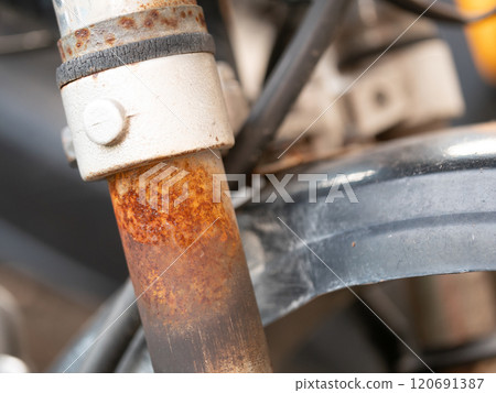 Rusty metal pipe industrial equipment close-up photography workshop setting detailed view maintenance awareness 120691387