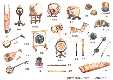 水彩繪製的日本樂器插圖集 120691392