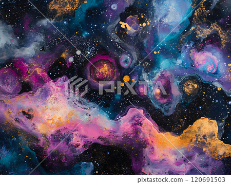 Expansive Dreamy Celestial Ambiance Featuring Glowing Nebulas and Shimmering Stars in Space 120691503