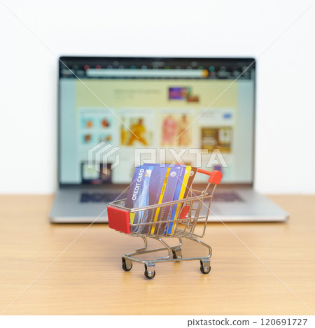 Shopping cart with Credit Cart and laptop computer with marketplace website. Online Shopping, technology, ecommerce, SEO, Search Engine Optimization, Advertising, keyword and online payment concept 120691727