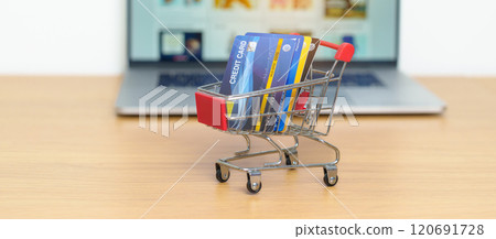 Shopping cart with Credit Cart and laptop computer with marketplace website. Online Shopping, technology, ecommerce, SEO, Search Engine Optimization, Advertising, keyword and online payment concept 120691728