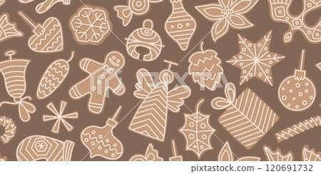 Christmas gingerbread cookies vector seamless pattern. Traditional holiday sweets for kids. Background for wrapping paper, card, banner. Christmas gingerbread cookies vector seamless pattern. Traditional holiday sweets for kids. Background for wrapping paper, card, banner. 120691732