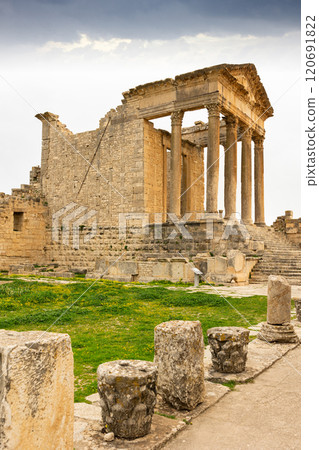 Capitol Temple ruins n Dougga under somber sky, Tunisia Capitol Temple ruins n Dougga under somber sky, Tunisia 120691822