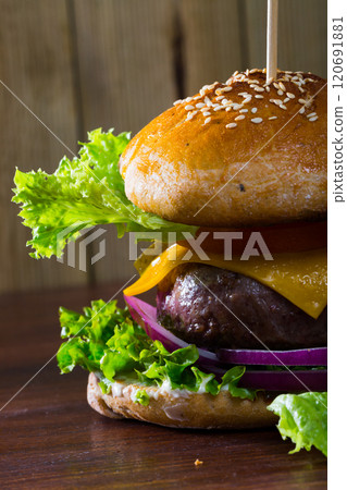 Nutritious burger with big meat cutlet Nutritious burger with big meat cutlet 120691881