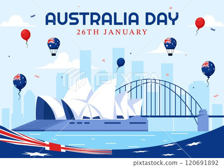 Happy Australia Day Vector Illustration Celebrating 26 January, Featuring a Map and a Waving Australian Flag in a Background for a National Holiday 120691892