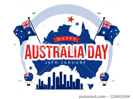 Happy Australia Day Vector Illustration Celebrating 26 January, Featuring a Map and a Waving Australian Flag in a Background for a National Holiday 120691894