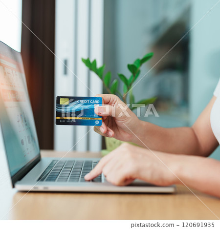 woman hand holding credit card and using laptop for online shopping while making order at home. Marketplace platform website, technology, ecommerce, digital banking and online payment concept 120691935