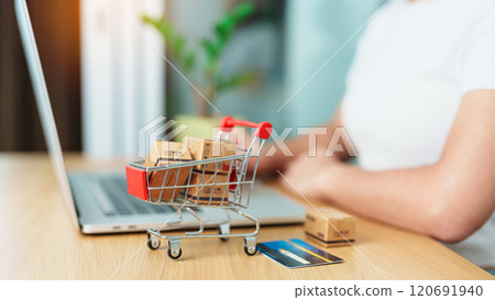 woman hand holding credit card and using laptop with mobile phone for online shopping while making order. Marketplace platform website, technology, ecommerce, shipping delivery and online payment 120691940