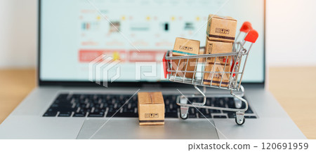 Boxes with shopping cart on a laptop computer. online shopping, Marketplace platform website, technology, ecommerce, shipping delivery, logistics and online payment concepts Boxes with shopping cart on a laptop computer. online shopping, Marketplace platform website, technology, ecommerce, shipping delivery, logistics and online payment concepts 120691959