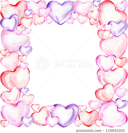 Watercolor hand drawn valentine's day frame of hearts. Valentine's wreath. Red, pink, violet heart. Square shape. Decoration for valentine card, wedding invitation Watercolor hand drawn valentine's day frame of hearts. Valentine's wreath. Red, pink, violet heart. Square shape. Decoration for valentine card, wedding invitation 120692005