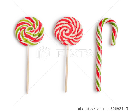 Red, green and white striped candy cane and lollipops Red, green and white striped candy cane and lollipops 120692145