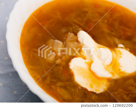 Russian-style cabbage soup Shchi of pork broth with boiled vegetables Russian-style cabbage soup Shchi of pork broth with boiled vegetables 120692200