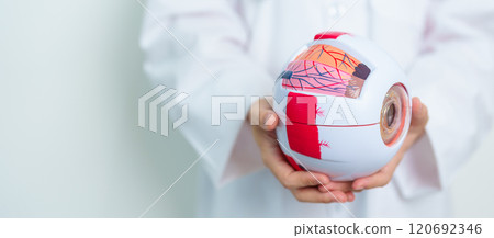 Doctor with human Eye anatomy model with magnifying glass. Eye disease, Refractive Errors, Age Related Macular Degeneration, Cataract, Diabetic Retinopathy, Glaucoma, Amblyopia, Strabismus and Health Doctor with human Eye anatomy model with magnifying glass. Eye disease, Refractive Errors, Age Related Macular Degeneration, Cataract, Diabetic Retinopathy, Glaucoma, Amblyopia, Strabismus and Health 120692346