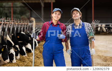 Portrait of man and woman farmers on dairy farm 120692379