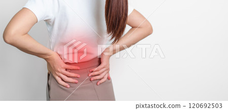 adult female with muscle pain on gray background. Elderly woman having back body ache due to Piriformis Syndrome, Low Back Pain and Spinal Compression. Office syndrome and medical concept adult female with muscle pain on gray background. Elderly woman having back body ache due to Piriformis Syndrome, Low Back Pain and Spinal Compression. Office syndrome and medical concept 120692503