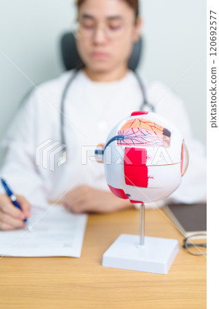 Doctor with human Eye anatomy model with magnifying glass. Eye disease, Refractive Errors, Age Related Macular Degeneration, Cataract, Diabetic Retinopathy, Glaucoma, Amblyopia, Strabismus and Health Doctor with human Eye anatomy model with magnifying glass. Eye disease, Refractive Errors, Age Related Macular Degeneration, Cataract, Diabetic Retinopathy, Glaucoma, Amblyopia, Strabismus and Health 120692577