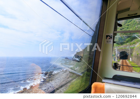 Katase Shirata Beach. A view from the window of an Izu Kyuko Line train running along the coastline of the Izu Peninsula. Inside an Izu Kyuko Line train, Izu Peninsula, Shizuoka Prefecture Katase Shirata Beach. A view from the window of an Izu Kyuko Line train running along the coastline of the Izu Peninsula. Inside an Izu Kyuko Line train, Izu Peninsula, Shizuoka Prefecture 120692844