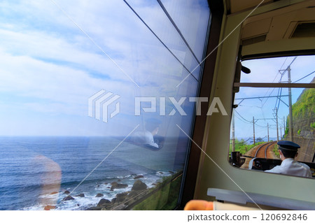 片瀨白田海岸。  從沿著伊豆半島海岸線運行的伊豆急行線的窗口看到的景色。靜岡縣伊豆半島伊豆急行線內 120692846