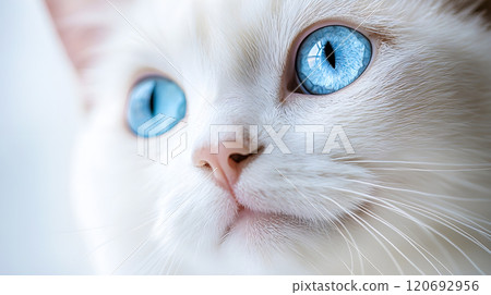 Close-up of a white cat's face with beautiful blue eyes 120692956