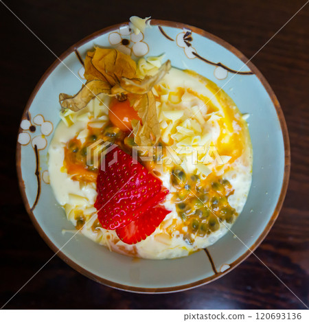 Tropical fruity mousse dessert from maracuya pulp 120693136