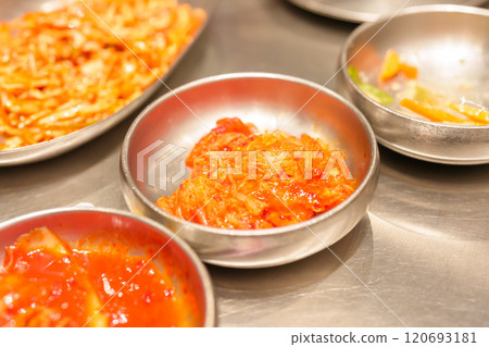 Kimchi cabbage in Korean restaurant, famous fermented food from Korea Kimchi cabbage in Korean restaurant, famous fermented food from Korea 120693181