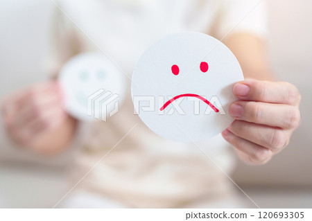 Woman show Unhappy Sad face paper, Mental health Assessment, Psychology, Health Wellness, Feedback, Customer Review, Experience, Satisfaction Survey, Negative Thinking and World Mental Health day 120693305