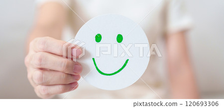 Woman show Happy Smile face paper, Mental health Assessment, Psychology, Health Wellness, Feedback, Customer Review, Experience, Satisfaction Survey, Positive Thinking and World Mental Health day Woman show Happy Smile face paper, Mental health Assessment, Psychology, Health Wellness, Feedback, Customer Review, Experience, Satisfaction Survey, Positive Thinking and World Mental Health day 120693306
