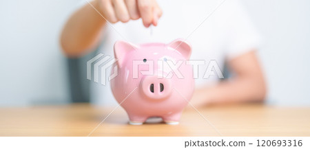 Money Saving for Future Plan, Retirement fund, Pension, Investment, Wealth Business and Financial concepts. hand holding and putting into piggy bank, Money Counting for World Savings day and Donate Money Saving for Future Plan, Retirement fund, Pension, Investment, Wealth Business and Financial concepts. hand holding and putting into piggy bank, Money Counting for World Savings day and Donate 120693316