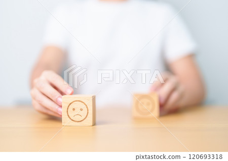 Woman show Unhappy Sad face block, Mental health Assessment, Psychology, Health Wellness, Feedback, Customer Review, Experience, Satisfaction Survey, Negative Thinking and World Mental Health day 120693318