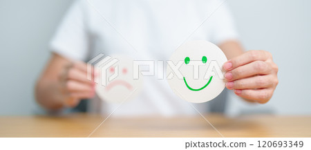 Woman show Happy Smile face paper, Mental health Assessment, Psychology, Health Wellness, Feedback, Customer Review, Experience, Satisfaction Survey, Positive Thinking and World Mental Health day Woman show Happy Smile face paper, Mental health Assessment, Psychology, Health Wellness, Feedback, Customer Review, Experience, Satisfaction Survey, Positive Thinking and World Mental Health day 120693349