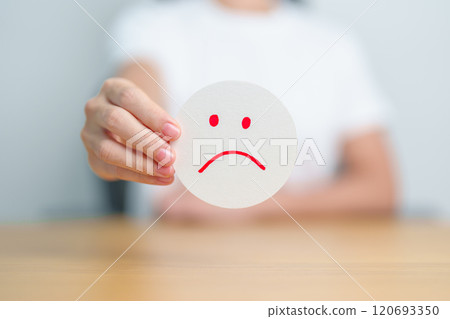 Woman show Unhappy Sad face paper, Mental health Assessment, Psychology, Health Wellness, Feedback, Customer Review, Experience, Satisfaction Survey, Negative Thinking and World Mental Health day Woman show Unhappy Sad face paper, Mental health Assessment, Psychology, Health Wellness, Feedback, Customer Review, Experience, Satisfaction Survey, Negative Thinking and World Mental Health day 120693350