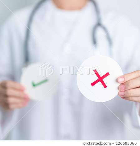 Doctor show Wrong symbol paper. True and false, accept and rejected, evaluation, Diagnosis, Vote, Poll, Yes or No, Health, Medical and Survey concepts Doctor show Wrong symbol paper. True and false, accept and rejected, evaluation, Diagnosis, Vote, Poll, Yes or No, Health, Medical and Survey concepts 120693366