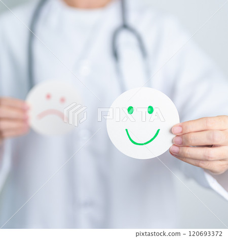 Doctor show Happy smile face paper, Mental health Assessment, Psychology, Health Wellness, Positive Feedback, Customer Review, Good Experience, Satisfaction Survey, World Mental Health day concept 120693372