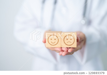 Doctor show Happy smile and Unhappy Sad face block, Mental health Assessment, Psychology, Health Wellness, Feedback, Customer Review, Experience, Satisfaction Survey, World Mental Health day concept 120693379