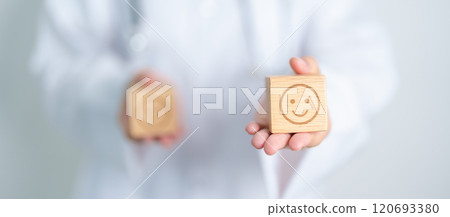 Doctor show Happy smile face block, Mental health Assessment, Psychology, Health Wellness, Positive Feedback, Customer Review, Good Experience, Satisfaction Survey, World Mental Health day concept 120693380