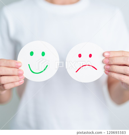 Woman show Emotion face paper, Mental health Assessment, Psychology, Health Wellness, Feedback, Customer Review, Experience, Satisfaction Survey, Opinion, Evaluation and World Mental Health day Woman show Emotion face paper, Mental health Assessment, Psychology, Health Wellness, Feedback, Customer Review, Experience, Satisfaction Survey, Opinion, Evaluation and World Mental Health day 120693383