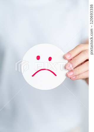 Woman show Unhappy Sad face paper, Mental health Assessment, Psychology, Health Wellness, Feedback, Customer Review, Experience, Satisfaction Survey, Negative Thinking and World Mental Health day 120693386