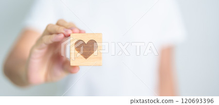 Hand holding heart block for health care, love, organ donation, charity, happy family, wellbeing and insurance concepts. world heart day, health day and mental health day 120693396