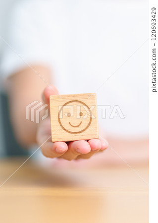Woman show Happy Smile face block, Mental health Assessment, Psychology, Health Wellness, Feedback, Customer Review, Experience, Satisfaction Survey, Positive Thinking and World Mental Health day 120693429