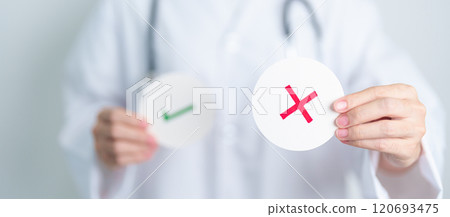 Doctor show Wrong symbol paper. True and false, accept and rejected, evaluation, Diagnosis, Vote, Poll, Yes or No, Health, Medical and Survey concepts Doctor show Wrong symbol paper. True and false, accept and rejected, evaluation, Diagnosis, Vote, Poll, Yes or No, Health, Medical and Survey concepts 120693475